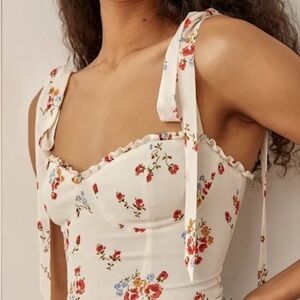 Reformation | Blanca Top, Holiday Print, Floral Tie Shoulder Top